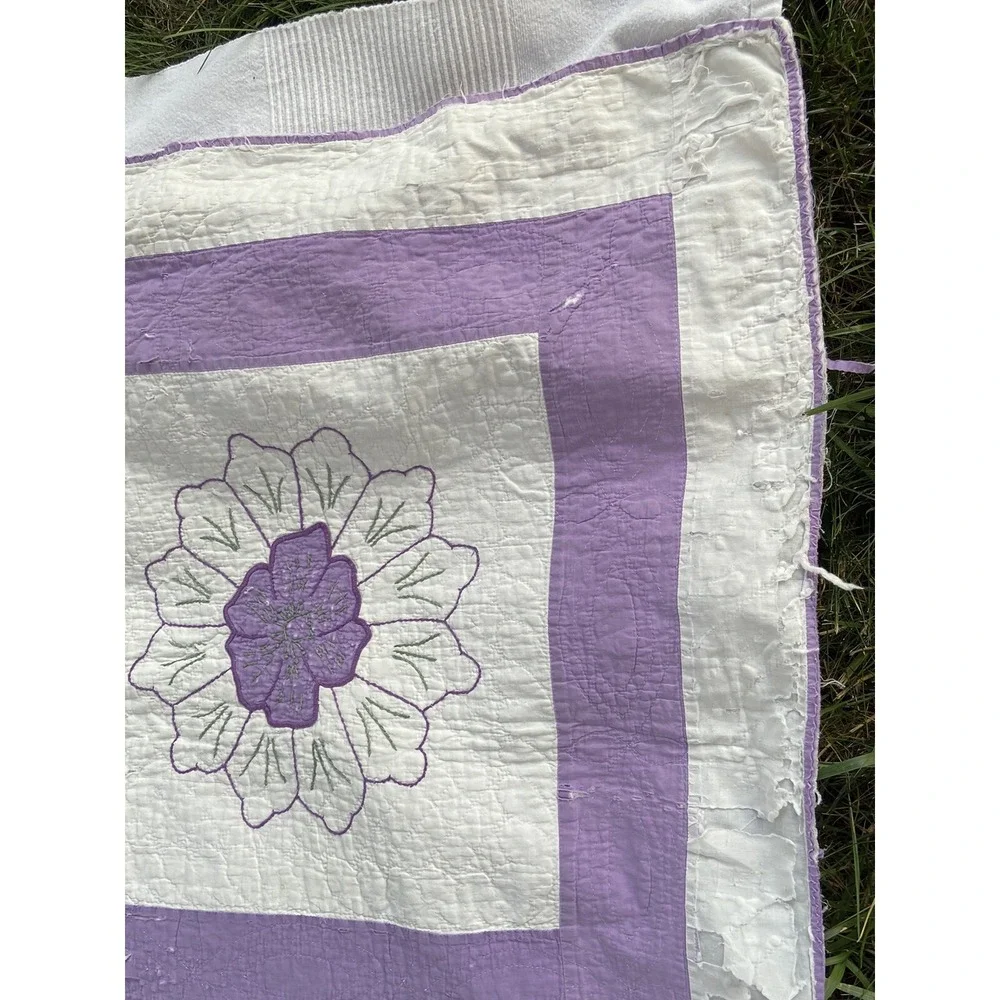 1927 Vintage Quilt Lilac Purple Embroidered Flower Hand Stitched 69